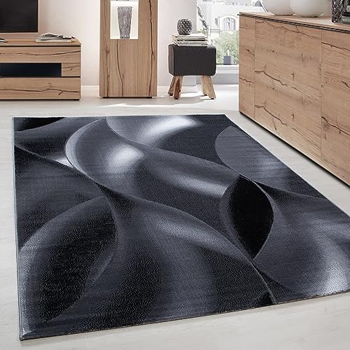 Carpettex Teppich Tapis de salon, à poils courts, 140 x 200 cm, noir, moderne, design abstrait, vagues, moelleux, doux, lavable, pour cuisine, salle à...