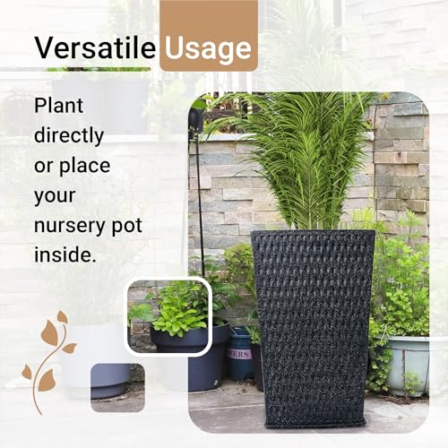 Image of Kuber Industries 16-Inch Roto Mould German Polymer Extra Large Big Size Flower Pot | Indoor /Outdoor Tree Gamla Planter for Living Room, Resorts, Hotels, Terrace & Garden | Marble Matrix Tower - Black