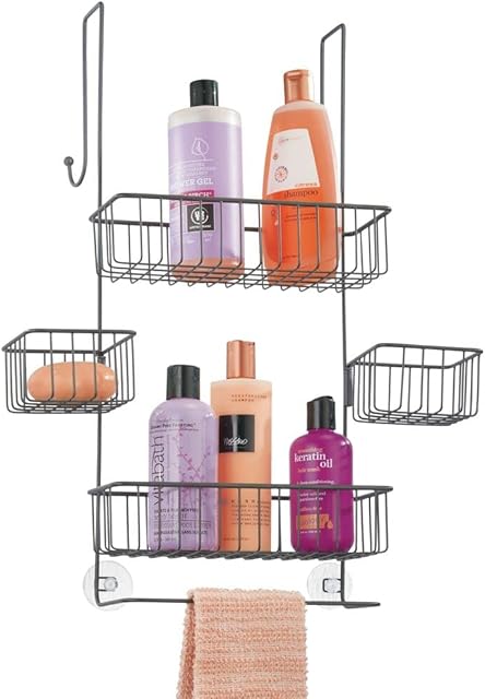 mDesign Over Door Shower Caddy  Essential Shower Accessories  Hanging Shower Basket for Soap, Conditioner, Shampoo, and Much More  Graphite