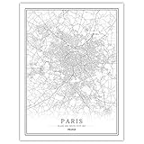 Leinwand Bilder,Pariser Stadtplan Schwarz-Weiß-Plakatkarte Im Nordischen Stil Gedruckt Auf Poster Minimalistische Kunstdrucke Foto-Heimdekoration Für Wohnzimmer- Und Schlafzimmerwände, 40 cm X 50