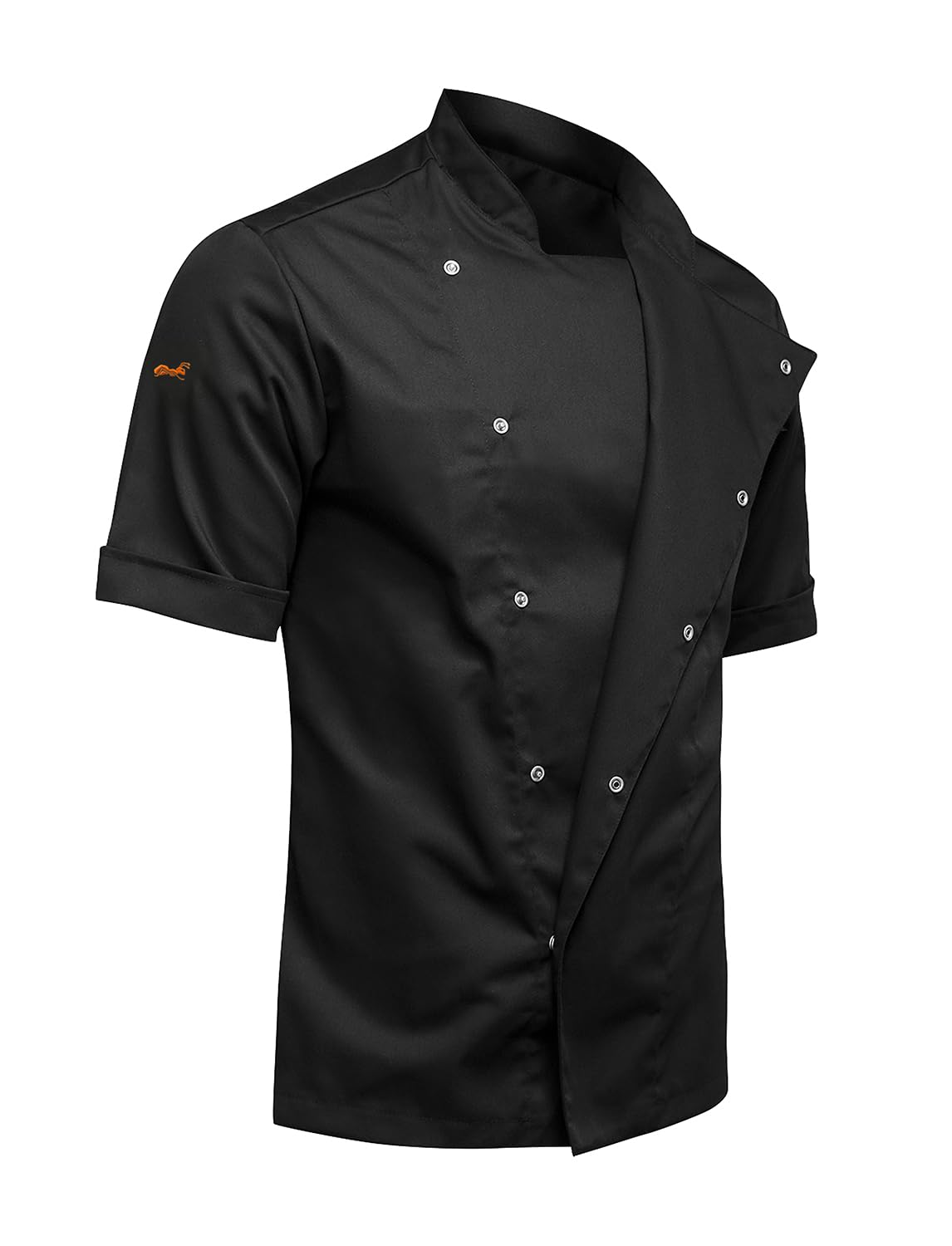 strongAnt Chef's Jacket Men's Slim Fit Stretch BW with Press Studs or Zip, Bakers Jacket - Short Sleeve - Black Grey White, Black / soft stretch, XL