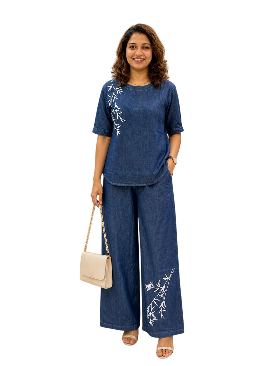 Women's Denim Co-Ord Set | Two Piece Outfit with Denim Shirt and Matching Bottom | Button Front Top | Casual Wear | Comfortable Fit | Stylish Coordinated Clothing Set for Women | Size-L | Blue-picture-37