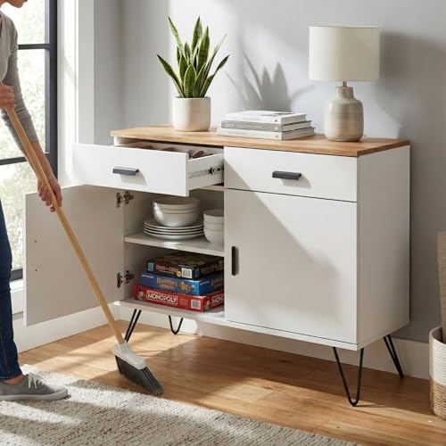 Image of FFO cabinets for Living Room | Wooden Living Room Storage Cabinet with Drawers, Side Cabinet for Bedroom, Modern Wood Finish, 2 Door Cupboard with Metal Legs White and Coach Wood DIY.