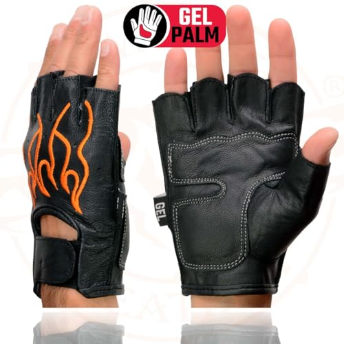 Image of Milwaukee Leather SH198 Men's Black Flame Embroidered Fingerless Gloves with Gel Palm | Padded Comfort; Vibration Relief; Flame Embroidery