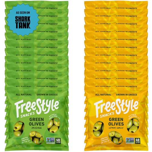 Freestyle Snacks Olive Snack Packs - Single Serve - Fresh Pitted Green Olives, Jumbo-Sized, Grown in Greece, All Natural, Non-GMO, Paleo, Sugar-Free, Keto, Salty Snack - Variety, 1.1oz (24 Pack)