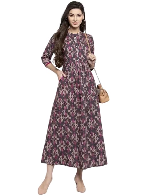 indibelle Round Neck Button Ckosure Front Slit Motifs Printed Aline Dress-picture-21