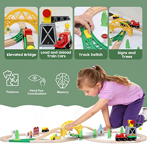 Toy Life Wooden Train Set 60Pcs Toddler Boy Toys For 3 Year Old Boys - Wood Train Set With Crane Wood Train Tracks Toys Fits Thomas Brio Melisa Chugginton Train Track Set Xmas For Boys #TOP2