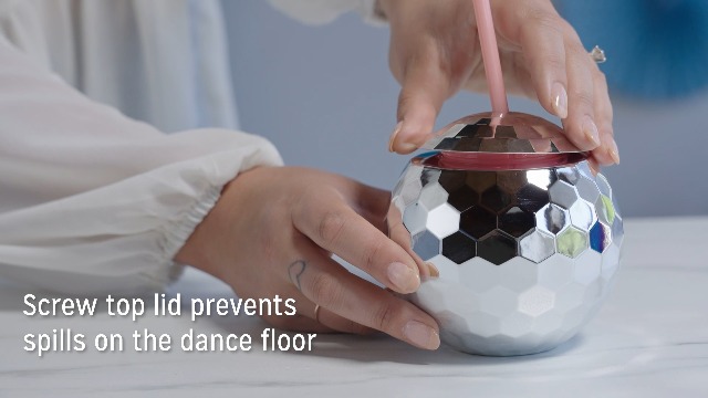 Vaso disco bola plateado con popote 16 oz miniatura 7