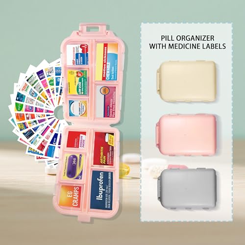 Image of Pill Organizer 3 Pack with 146x3 Medicine Labels, Pink Grey Beige | Set of 3 travel pill cases with 10 compartments each and 146 medicine labels for 7-day planning, daily use, work, and trips