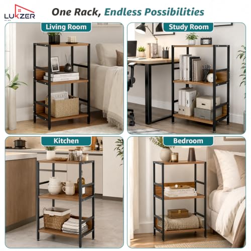 Image of Lukzer 3-Tier Wooden Bedside Table for Bedroom & Multipurpose Open Storage Shelf (MMR-006-Black & Oak Brown) Metal Side Tables for Living Room & Space-Saving Kitchen Organizer Rack (70 x 43 x 30 cm)