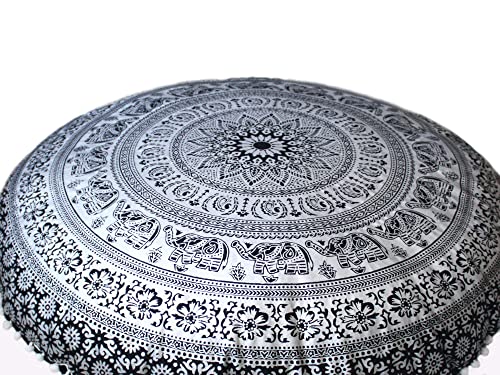 Craft Kala 32 Inch Large Hippie Mandala Meditation Floor Pillow Cushion Pouf Cover Round Poufs Bohemian Circle Floor Cushion Case For Outdoor Fireplace Yoga Living Room Decor (Black Silver Elephant) #TOP1