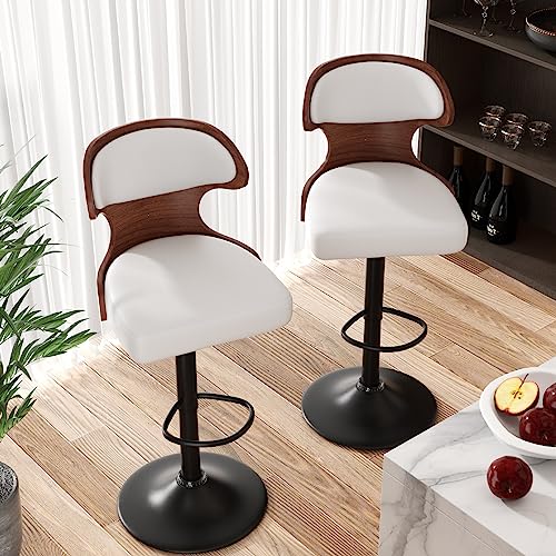 Nalupatio Bar Stools Set of 2 Seat Adjustable Height 24.5-33.5IN - Bentwood Swivel Barstools with Back & Footrest - PU Leather Upholstered Bar Chair for Bar, Kitchen, Dining Room