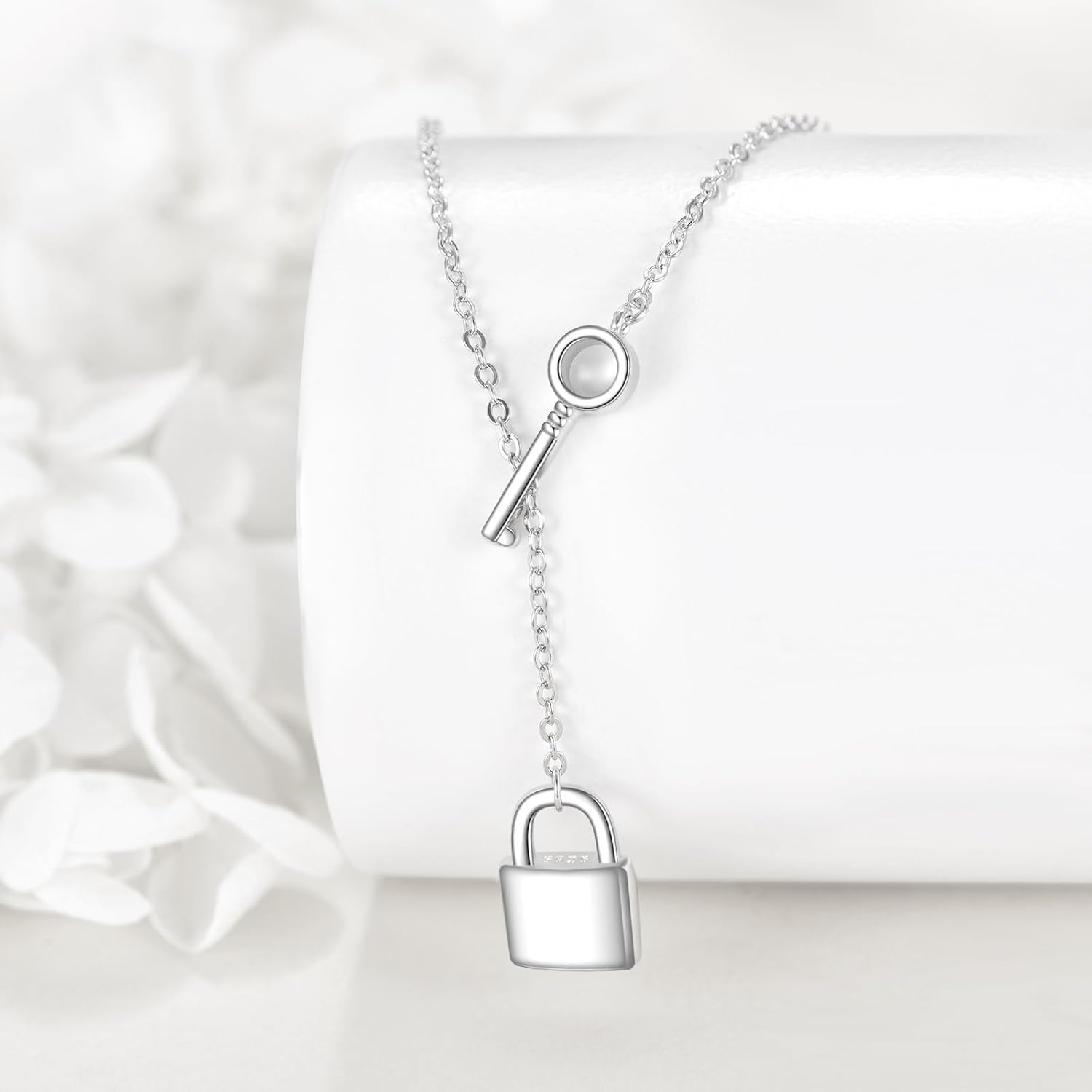 Lock Key Necklace Sterling Silver Adjustable Lariat Y Lock Pendant Necklace Padlock Key Jewelry Gifts for Women - Image 3