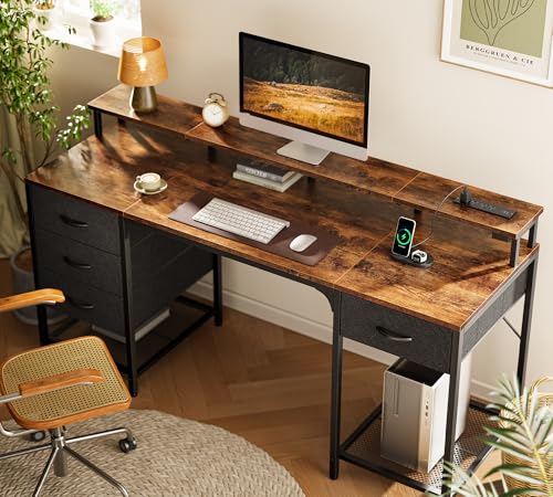 Image of Huuger 63 inch Computer Desk with 4 Drawers, Gaming Desk with LED Lights & Power Outlets, Home Office Desk with Large Storage Space for Bedroom, Work from Home, Rustic Brown
