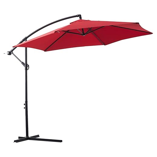 TUKAILAI 10ft Cantilever Patio Umbrella, Offset Hanging Outdoor Table Umbrella with Tilt Crank, 6 Sturdy Ribs and Cross Base, UV 50+ Protection Sun Shade for Market, Garden, Backyard & Pool (Red)