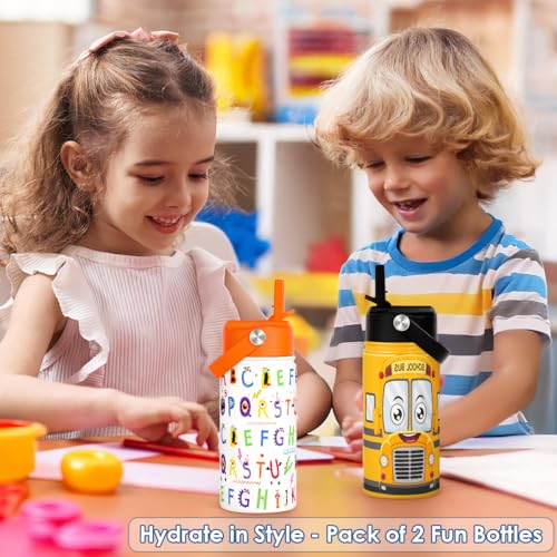 Image of SANDJEST Kid Water Bottle 12oz with Straw Lid - 2-Pack Insulated Stainless Steel Water Bottles for Kids Girls Boys - Travel Cup for Back to School Sports Christmas Birthday (Alphabet & School Bus)
