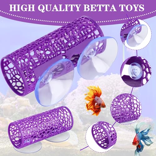 Image of Honeydak 2 Pcs Betta Fish Tank Accessories Betta Tunnel Fish Toys Safe Hollow Hammock Cave Aquarium Decor with Suction Cups for Small Shrimp Reptile Guppies(Purple,Hideout Tube)