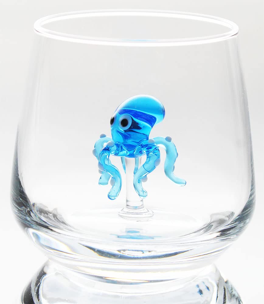 HeguSun 3D Drinking Glass Cup with Cute Animal Figurine Inside, Hand Blown Glass Octopus Figure Inside Mug, Stemless Glass for Wine, Water, Milk,