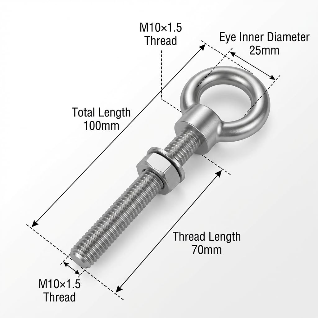 QWORK M10×100mm Stainless Steel Shoulder Eye Bolts – 20 Pack 3/8" x 4" Threaded Eyebolts, Metric Thread Anchors for Lifting, Rigging & Mounting