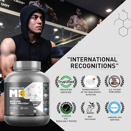 Image of MuscleBlaze Biozyme Whey Protein Powder, Blend of Whey Isolate & Concentrate | 25g Protein, 11.8g EAA & 5.5g BCAA Per Scoop (Kesar Kulfi, 2kg / 4.4lbs)