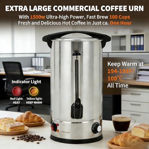 Image of 14 L /100 Cups Coffee Urn, Double-Wall Stainless Steel Coffee Maker Hot Water Urn, Large Capacity Hot Coffee Dispenser, Quick Brew, Stays Hot for Tea & Beverage at Events & Catering, Silver