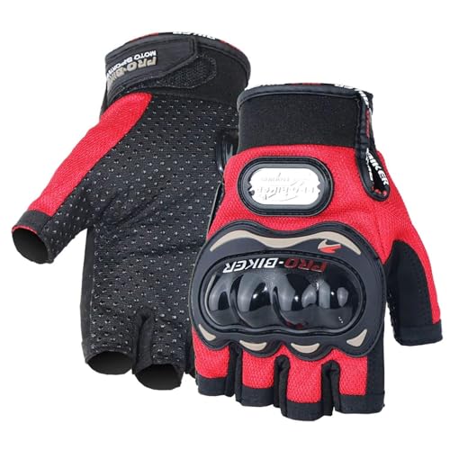 Image of Leosportz Riding Gloves for Men Bike Riders - Special Tactical Gloves with Rubber Knuckle Punch | Non-Slip Half Finger with Firm Padding Motorcycle Gloves (M, Red)