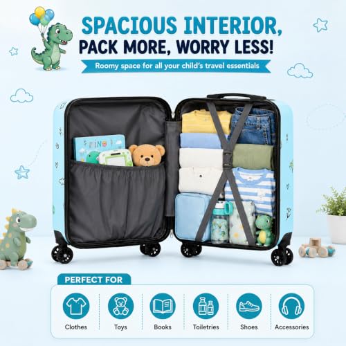 Image of Kids Carry On Luggage with Wheels, 18-inch Hard Shell Suitcase for Boys & Girls, Lightweight Toddler Rolling Travel Bag with Retractable Handle, Durable Hardside Spinner Suitcase, Blue Dino