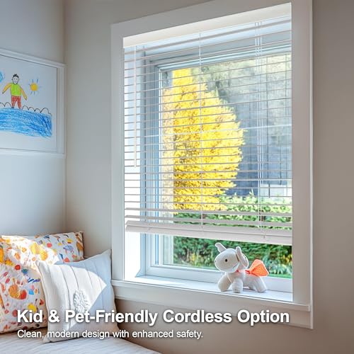 CHICOLOGY 2" Cordless Faux Wood Blinds, Room Darkening Smooth PVC Window Blinds, Cordless Lift, Light Control and Privacy, Inside/Outside Mount, Moisture Resistant, Basic White, 23" W x 36" H - Thumbnail 4