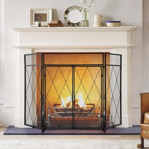 BEAMNOVA 50 x 32 in Black Fireplace Screen with Doors, Handles, Feet, 3-Panel Freestanding Folding...