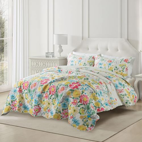NEWLAKE Quilt Bedspread Sets- Dreamy Flowers Reversible Coverlet Set,Queen Size