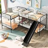 Quad Bunk Bed with Slide, L Shaped Bunk Bed for 4, Twin over Twin Metal Bunk Frame for Kids Teens Girls Boys (Black)