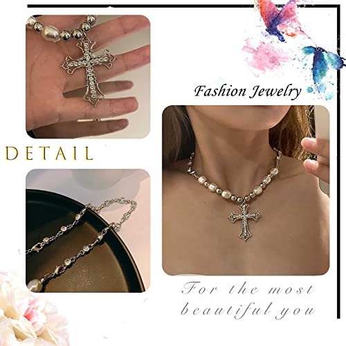 Zeshimb Cubic Zirconia Cross Necklace Vintage Baroque Pearl Chain Beads Necklace Silver Cz Cross Pendant Necklace Shiny Diamond Chain Faith Cross Choker Necklace Y2K Jewelry For Women And Girls #TOP2