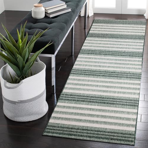 Liora Manne Malibu Indoor/Outdoor Power Loomed Synthetic Blend Low Profile Area Rug - Transitional Contemporary (Faded Stripe Green) (1'11" x 7'6")