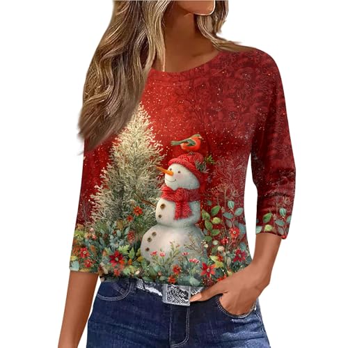 Women Christmas Shirts 3/4 Length Sleeve Comfortable Blouse Christmas Printed Casual Tops Crew Neck Tunic Pullover