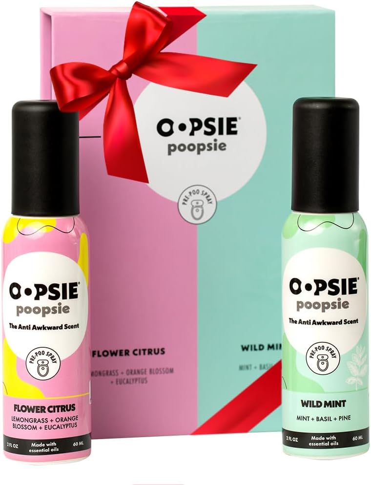 Oopsie Poopsie Toilet Spray โ Before & After You Go Bathroom Odor Eliminator & Neutralizer Spray, Travel Size with Essential Oils, TSA Approved โ Flower Citrus/Wild Mint 2 Pack โ 2 Oz.