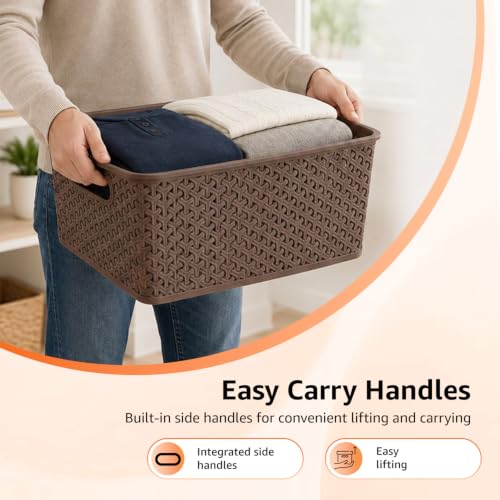 Image of Amazon Basics Set of 3 Plastic Storage Baskets with Lid - Stackable Organiser for Wardrobe, Kitchen, Clothes, Toys, Books, Office, Stationery - Multipurpose (Medium, 36x30x13 cm | Brown, Rectangular