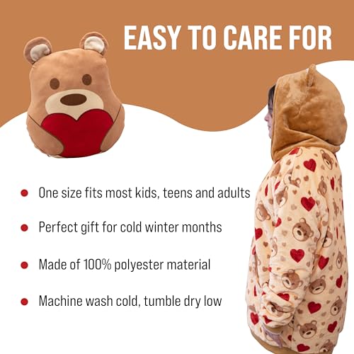 Image of Wearable Blanket Hoodie - Teddy Hearts 2-in-1 Blanket Hoodie for Adults - Oversized Sweatshirt with Pocket - Heart Print Reversible Hoodie & Travel Pillow