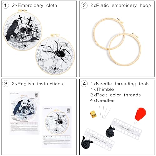 Image of Dark Gothic Embroidery Kits for Beginners Adults, Halloween Hand Embroidery Needlepoint Kits, Skull Spider Stamped Cross Stitch Kits for Beginners Adults, 2 Embroidery Hoops (Attached Video Tutorial)