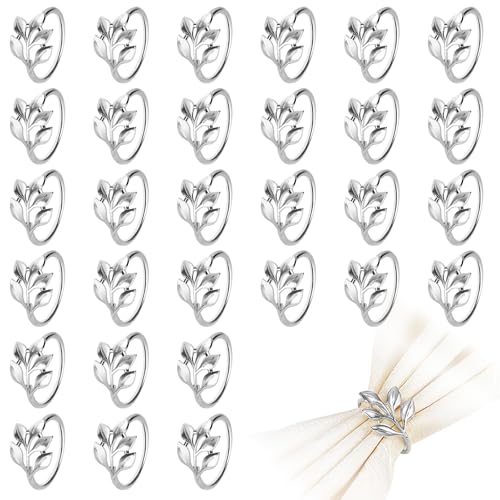 Blatt Serviettenringe Set, 30 Stück Metall Serviettenring Halter Schnallen für Tischdekorationen, Serviettenhalter für Stoffservietten Verzierung für Hochzeit Weihnachten Abendessen (Silber, 1.7in)