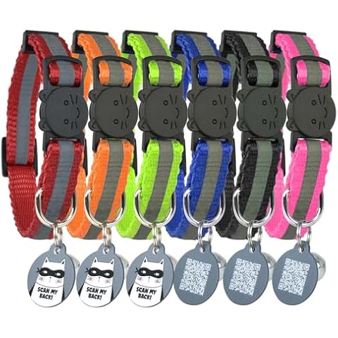 Reflective Cat Collar with ID Tags QR Code, Set of 6, Name Tag, Solid & Safe Collars for Cats, Nylon, Mixed Colors, Pet Collar, Breakaway Cat Collar Cover