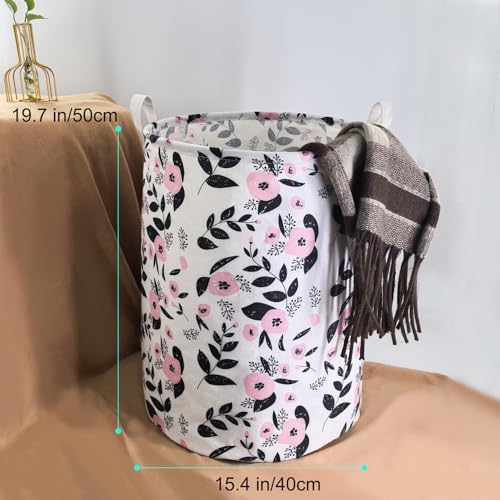 Image of Mziart Cute Laundry Basket, Large Floral Laundry Hamper for Girls Kids Toys Collapsible Clothes Organizer Waterproof Foldable Baby Hamper for Nursery Dorm Fabric Storage Basket Bin with Handles (Pink)