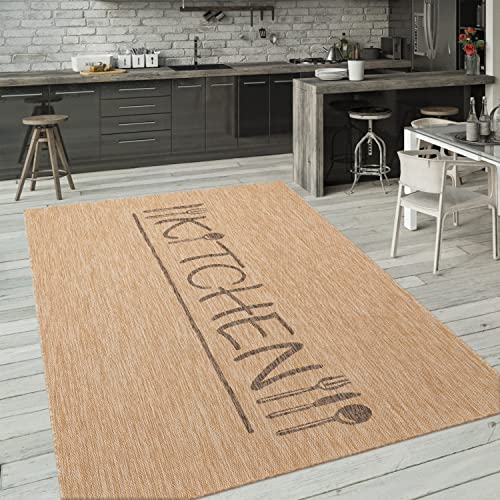 Paco Home Outdoor Teppich Wetterfest Wohnzimmer Balkon Küchenteppich Modernes Muster Mit Schriftzug, Grösse:120x160 cm, Farbe:Beige 2
