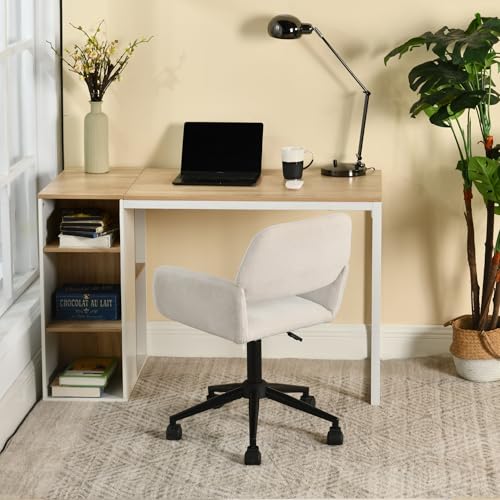 39F FURNITURE DREAM Compact Swivel Work Chair with Fabric Upholstery – Adjustable Height & Supportive Arms – Swivel & Adjustable Height Function,Beige,61x56x76-86cm