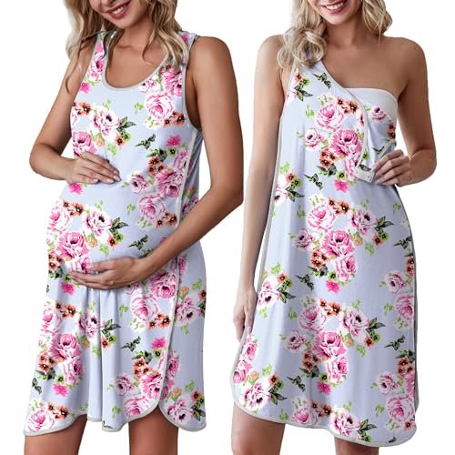 Image of Ekouaer Labor and Delivery Gown for Hospital 3 in 1 Nursing Dress Sleeveless Maternity Snap Button Breastfeeding Nightgown Blue Floral M