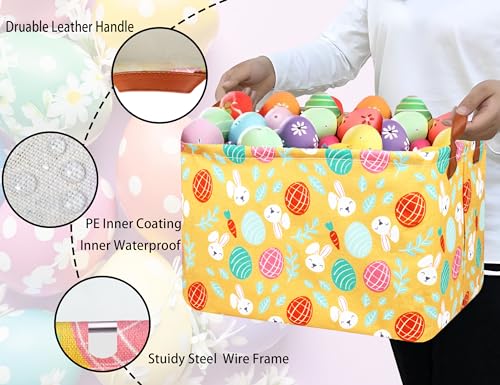 Image of Large Rectangular Easter Baskets Empty Waterproof Boy Toy Box Foldable Kid's Gifts Storage Bin Spring Room Decor(Yellow Leaf Rabbit Egg)