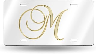 Placa de matrícula con estampado dorado de la letra M, color blanco, para el frente del coche, decorativa, novedad, placa de coche, regalo de tocador, placa de aluminio de metal para mujer/homb