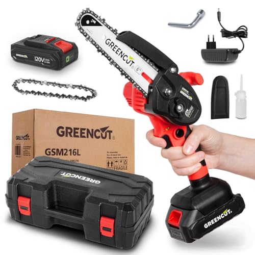 GREENCUT GSM216L - Mini tronçonneuse à main sans fil batterie 21V 500W, lame 152.4mm, verrouillage sécurité, avec batterie, chargeur et 2 chaînes
