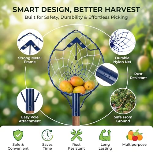 Image of ecofynd Fruit Picker Tool with Pole Attachment, Metal Frame & Nylon Net Basket for Mango, Apple, Lemon & Orange, Lightweight Fruit Harvester for Safe Fruit Picking from Trees, Garden & Farm(Dark Blue)
