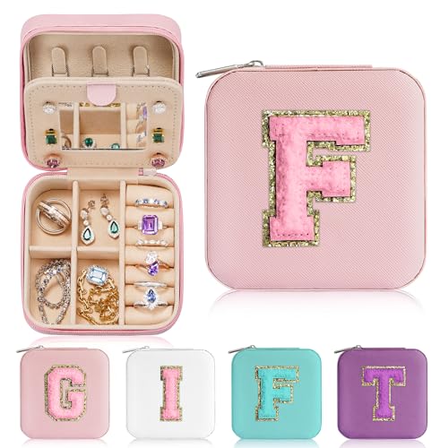 Parima Bridesmaid Gifts for Wedding Day, Women | Proposal Unique Travel Essentials Small Jewelry Box Case-Initial F Pink