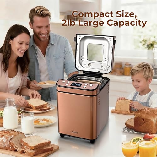 Image of Rosewill 25-in-1 Automatic Bread Maker Machine with 3 Loaf Size up to 2 Lb, 700W High Power Dual Heater with BPA-Free Nonstick Coating Pan, Max 15 Hours Delay Timer, Low Noise, Cinnamon